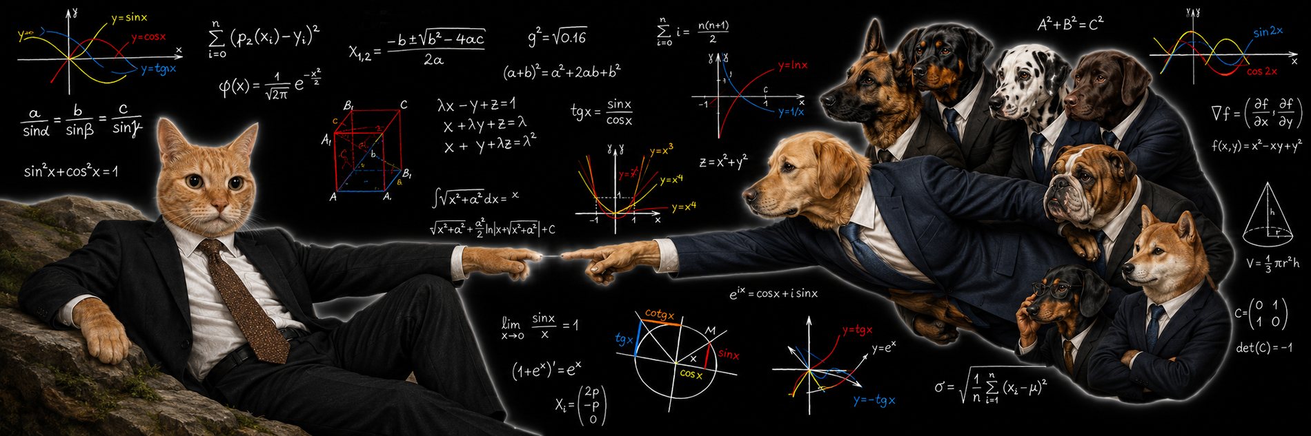 A cat in a suit reclining on a rock reaches toward a golden retriever in a suit, who reaches back out of a crowd of seven more dogs in suits. Behind them a blackboard covered in equations.
